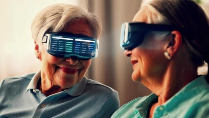 Aufkleber - Two elderly women are engaging with virtual reality, wearing futuristic glasses that emit a bright, data rich light, suggesting a shared experience in a technologically advanced setting