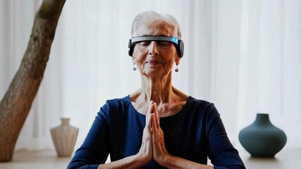 Poster - Elderly woman wearing a brainwave reading device meditates peacefully with her hands joined in prayer, demonstrating the integration of technology and mindfulness for enhanced well being