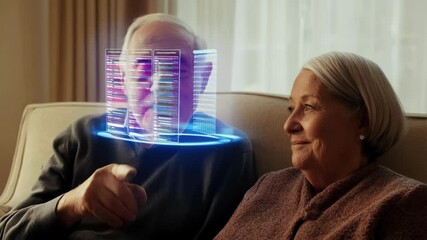 Poster - Senior man undergoing a digital medical scan with holographic charts and diagrams, showcasing advanced healthcare technology, while his supportive wife looks on with hope and concern