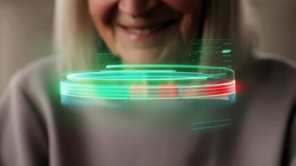 Poster - Elderly woman smiles while interacting with a futuristic, rotating holographic display, potentially showcasing health data and advanced technology for senior care