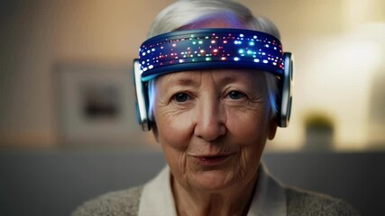 Poster - Elderly woman with gray hair wears a futuristic headband equipped with colorful lights, potentially for brainwave monitoring or mental health therapy