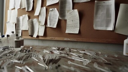 Aufkleber - Glass pipettes lie scattered on a cluttered laboratory table, with various documents and notes pinned to a corkboard, creating a disorganized and busy atmosphere