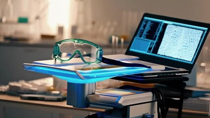 Aufkleber - Futuristic laboratory setup revealing cellular structure analysis on laptop, safety goggles nearby, bathed in blue illumination signaling advanced scientific exploration