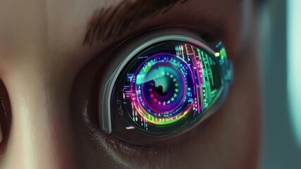 Poster - Close up animation showcasing a humanoid robot's eye with a futuristic bionic implant, featuring a dynamic heads up display interface with changing data and diagnostics