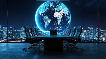 Poster - Sophisticated Digital Globe Projection Showcasing International Business and Strategic Decision Making in the Futuristic City Skyline at Night