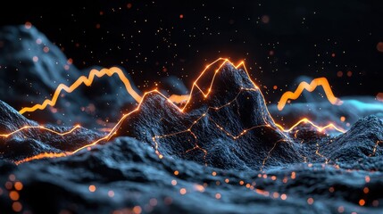 Poster - Vibrant Financial Data Visualization Illuminates Dynamic Landscape with Glowing Peaks and Surging Energy  This abstract