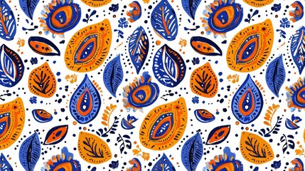 Poster - Vibrant Indian Batik Style Colorful Floral and Leaf Pattern Background  Intricate Bohemian Paisley Ornamental for Fabric Textile Wallpaper and Graphic Design