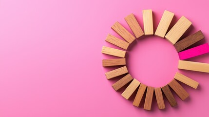 Poster - Cheerful and Vibrant Arrangement of Wooden Blocks Forming a Circular Pattern on a Vibrant Pink Background Showcasing a Playful and Minimalist Design Concept