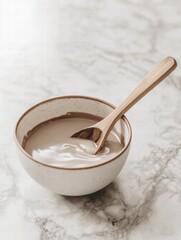Aufkleber - Creamy substance in a bowl with a wooden spoon resting on a marble surface in a bright setting. Generative AI