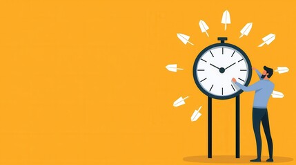 Poster - Businessman Pressing Clock with Arrows on Orange Background Symbolizing Time Management and Business Strategy for Success Efficiency and Opportunity in the Corporate World