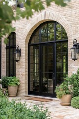  The elegant entrance boasts stunning arched windows surrounded by vibrant greenery, all set within a tranquil and peaceful residential environment