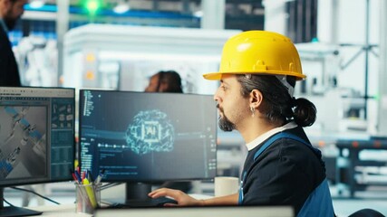 Poster - photovoltaics factory engineer uses artificial intelligence to improve solar panels efficiency. sola