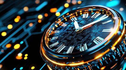 Poster - Glowing Digital Clock Displaying the Time in a High Tech Business Office or Work Environment  Blurred Chromatic Lights in the Background Create a Futuristic Technological Atmosphere