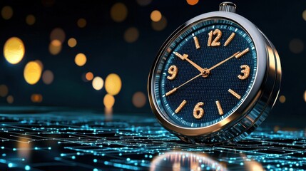 Poster - Sleek and Modern Digital Clock Displayed in a High Tech Business Office Environment Illuminated by Bokeh Lighting Effects and Reflecting on the Desk Surface