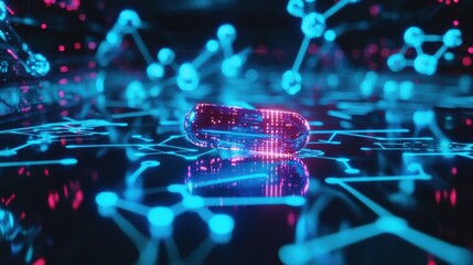 Poster - Futuristic Digital Capsule Amid Neon Connections and Molecular Structures in High-Tech Environment