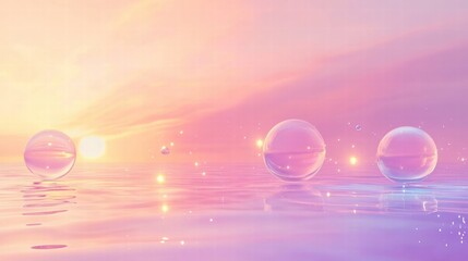 Aufkleber - Vibrant bubbles float on a calm water surface at sunset with a colorful twilight sky. Generative AI