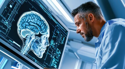 Poster - futuristic clinic showcasing advanced technology for synthetic sensor diagnostics brain imaging anal