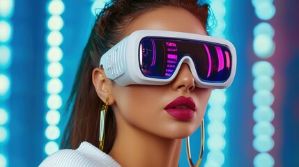 Poster - Futuristic Imagination Enhancement with VR Goggles and Glamorous Woman Portrait  A woman wearing high tech virtual reality headset surrounded by bright studio lighting and digital filters