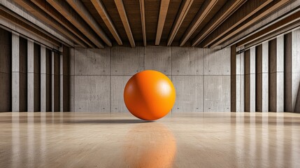 Poster - Futuristic orange sphere floating in zero gravity within a modern minimalist interior room with concrete walls wooden beams and reflective floor