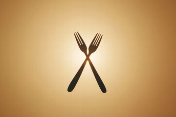 Aufkleber - Crossed forks casting shadows against a warm sunset background in a culinary themed setting. Generative AI