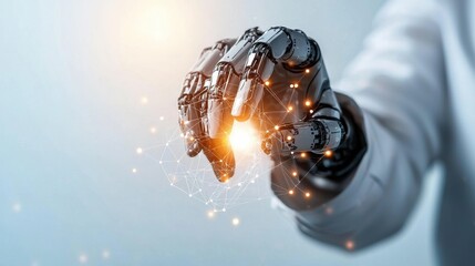 Poster - hand reaching to connect with advanced robotic technology a symbolic representation of human machine