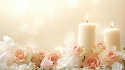 Aufkleber - Elegant arrangement of soft pink roses and white candles creates a tranquil atmosphere for a special occasion. Generative AI
