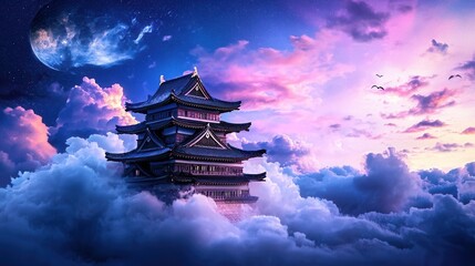 Wall Mural - Enchanting Anime Inspired Japanese Castle Silhouetted Against Magical Twilight Sky with Glowing Moon Twinkling Stars and Dramatic Cloudy Atmosphere  Whimsical and Captivating Digital Art