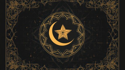 Aufkleber - Ethereal Golden Design Featuring Crescent Moon and Star on Dark Background with Intricate Patterns and Textures