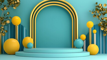 Poster - metallic teal 3d stage set with pastel geometric shapes and spheres modern minimalist abstract digit