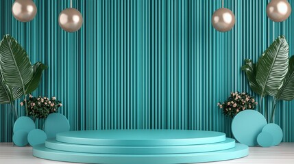 Poster - Metallic Teal 3D Stage Set Backdrop for Product Showcase Exhibition or Commercial Presentation  Minimalist Geometric Design with Lighting Effects for Branding Advertising and Marketing Purposes