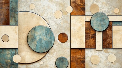 Poster - Muted Geometric Abstract Painting with Earthy Metallic Accents and Minimal Composition  This digitally created artwork features a harmonious blend of geometric shapes muted colors and a refined