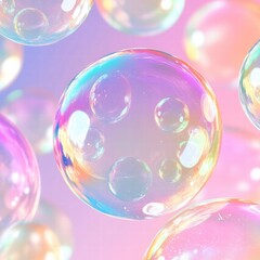 Fototapete - Colorful soap bubbles floating in a soft pastel background creating a whimsical pattern of light and color. Generative AI