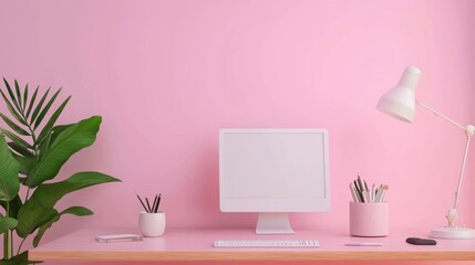 Poster - Pastel Toned Minimalist and Cozy Workspace Setup with Laptop Stationery Greenery and Soothing Lighting Accents for Productive and Relaxing Office Environment