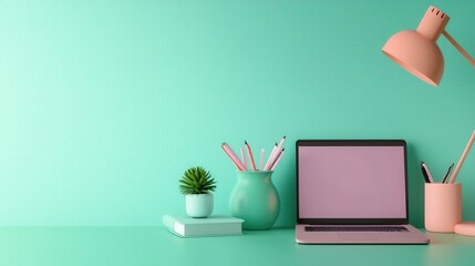 Poster - Pastel Minimalist Workspace with Soothing and SEO Friendly Decor Elements for Increased Productivity and