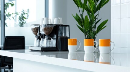 Poster - Sleek and Chic Break Room with Mini Coffee and Tea Station Providing a Cozy Workplace Respite for Relaxation Recharge and Productivity  Featuring a Minimalist