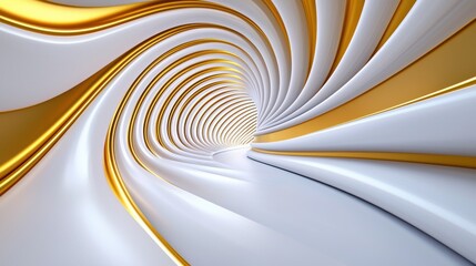 Poster - Sleek White and Gold Abstract Tunnel with Mesmerizing Spiral Pattern   Futuristic 3D Digital Render of an Infinite Looping Architecture with Flowing Curves and Shimmering Metallic Accents