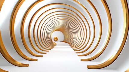 Poster - Sleek modern and visually captivating abstract tunnel featuring a striking white and gold color palette elegant curved lines symmetrical patterns and a deep