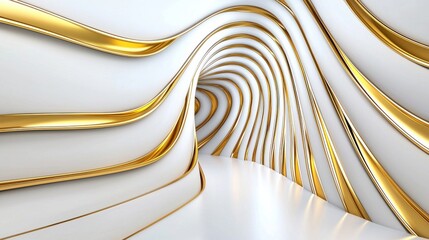 Poster - Sleek White and Gold Abstract Tunnel with Flowing Geometric Curves and Shapes Sleek and Sophisticated Digital 3D Rendering Minimalist Luxury Design Background