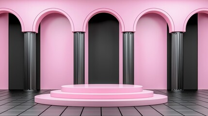 Poster - Soft Pink 3D Stage Set in Pastel Minimalist Architectural Interior Design  Empty Podium Platform with Arched Background Clean Elegant Studio Room for Product Presentation
