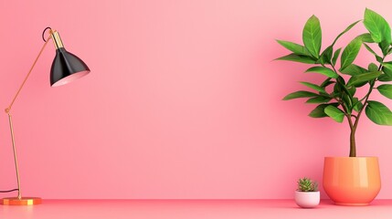 Poster - Stylish and Minimalist Product Photography on Elegant Pink Desk with Leafy Plant Decor  A beautifully arranged workspace with a contemporary and calming aesthetic