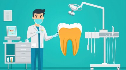 Poster - detailed view of tooth decay cavities and periodontal disease with dental instruments and equipment 