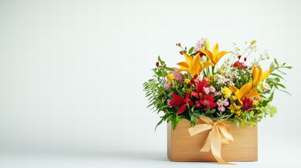 Aufkleber - Colorful floral arrangement with yellow lilies and assorted flowers in a natural wooden box on a plain background. Generative AI