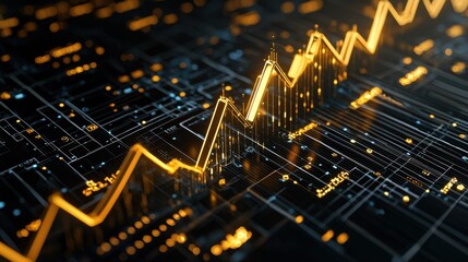 Poster - upward trending financial graph with abstract golden lights and geometric patterns visualizing inves