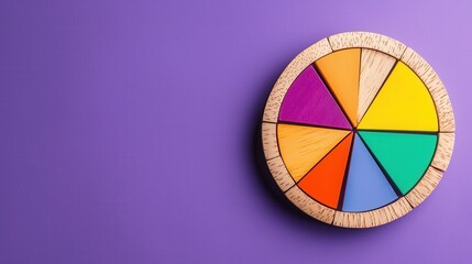 Poster - Wooden blocks arranged in a vibrant pie chart design showcasing a creative and colorful way to visualize data analytics and financial information  This minimalist