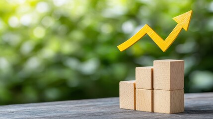 Poster - wooden blocks arranged in a staircase formation with an upward pointing arrow graphic symbolizing bu