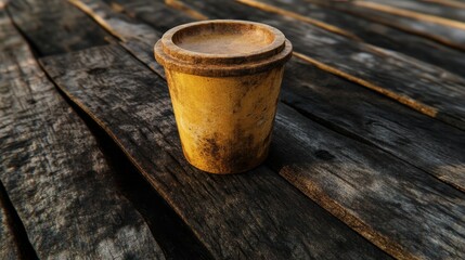 Poster - Rustic Yellow Pot on Weathered Wooden Surface for Art and Home Decoration Ideas