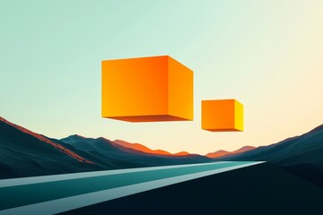 Poster - Floating geometric cubes above a scenic mountain road at sunset abstract art digital illustration vibrant colors surreal concept