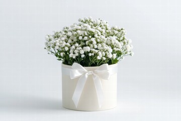 Poster - White flowers in a round container adorned with a delicate ribbon showcase elegant decor for special occasions in a bright setting. Generative AI