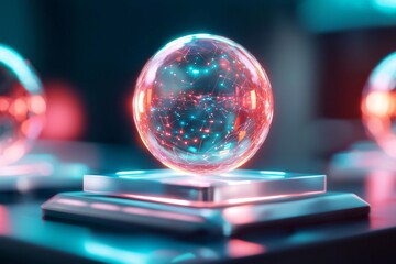 Poster - Futuristic energy sphere display at tech exhibition interactive art vibrant environment close-up view innovative concept