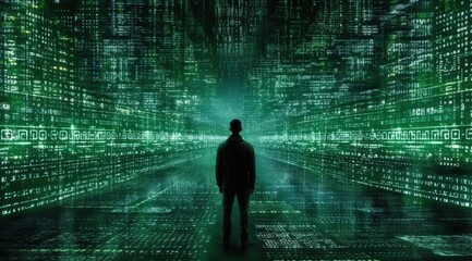 Man stands in matrix of digital information. Abstract cyber space technology background